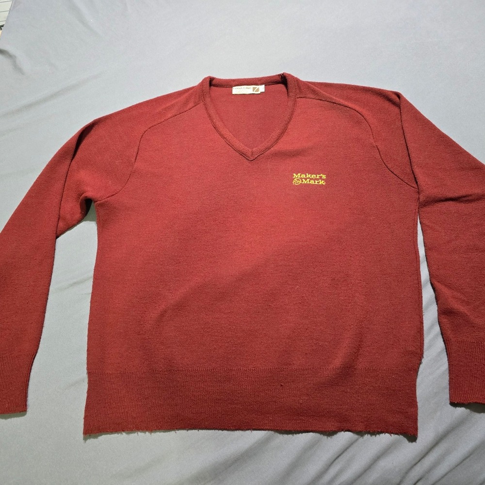 Logo 7 Maker's Mark V-Neck Sweater Mens XL Burgundy Vintage Made in USA Raglan